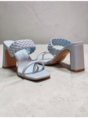 Braided Strap Block Heel Sandals In Light Blue With Square Toe Design
